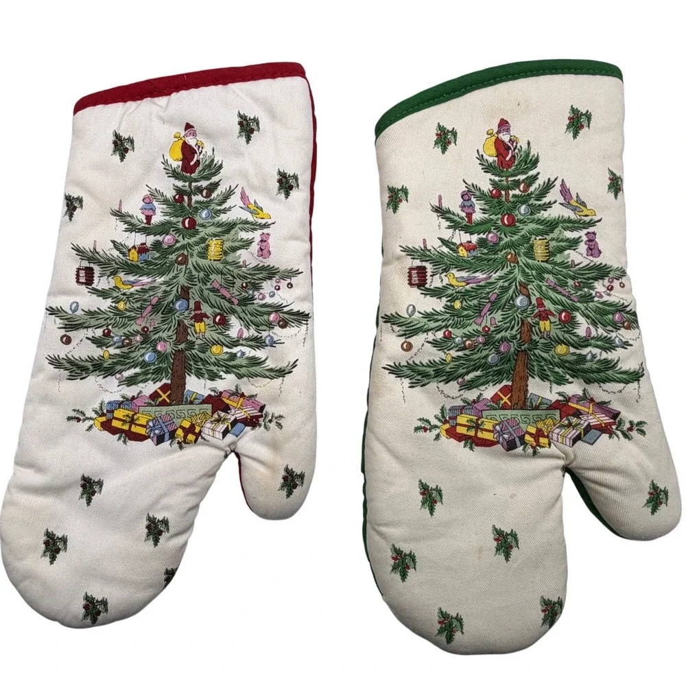 Spode Christmas Tree Oven Mitts Set 2 Vintage 1990s Holiday Quilted Red Green